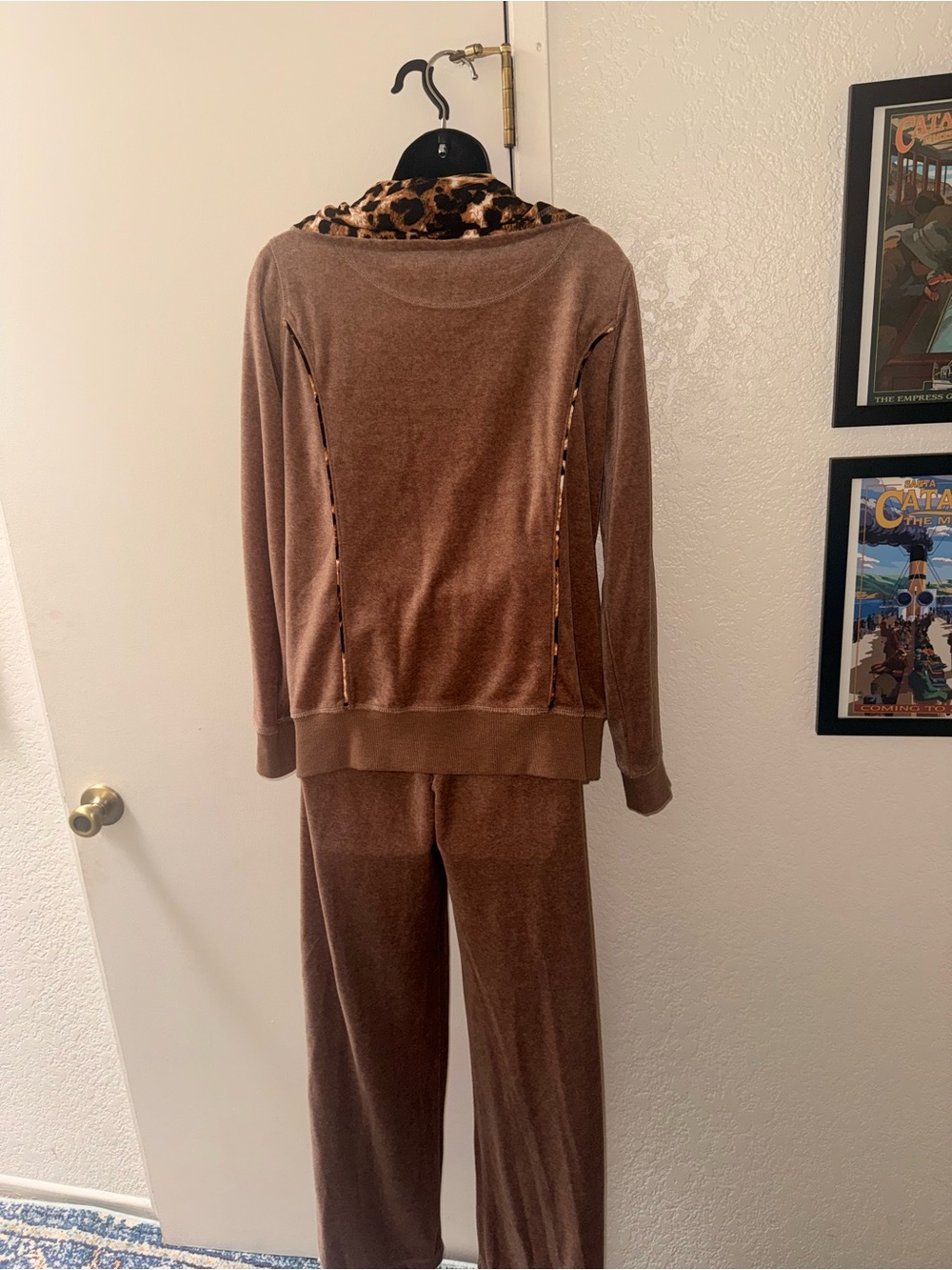 Calvin Klein Velour Tracksuit Set Brown Leopard Print Hood Gold Zip Y2K Size S - Picture 10 of 12